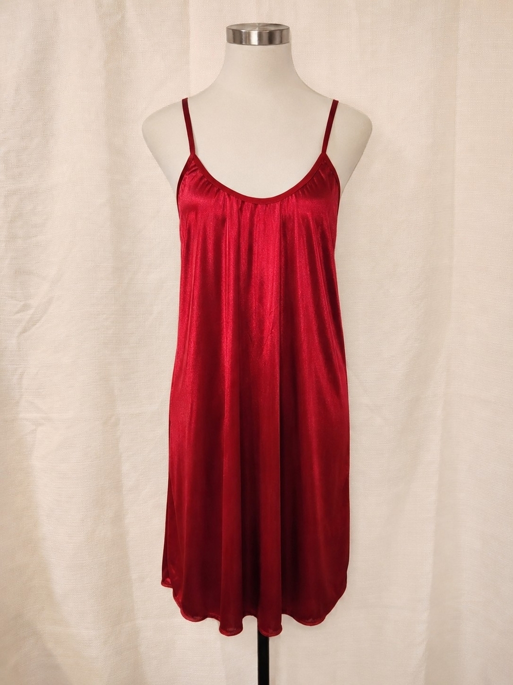 Women's Red Satin Slip Dress Nightgown Intimates Spaghetti Strap Stretch Chemise